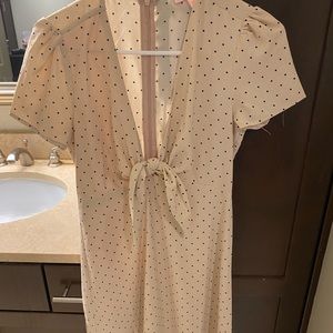 Beige and black polka dot dress - deep v tie at chest